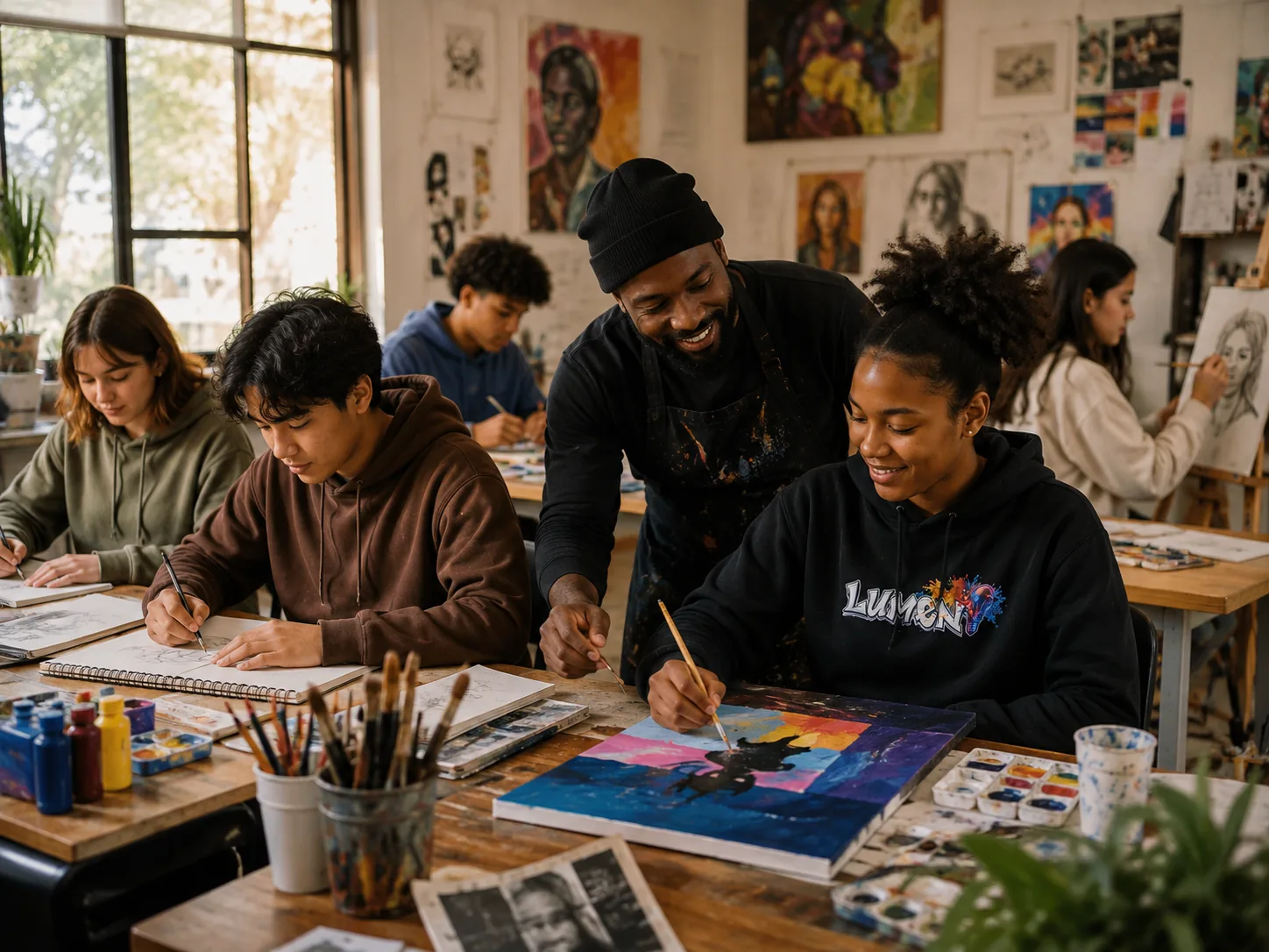 Young people creating visual artwork through a LUMEN Foundation program